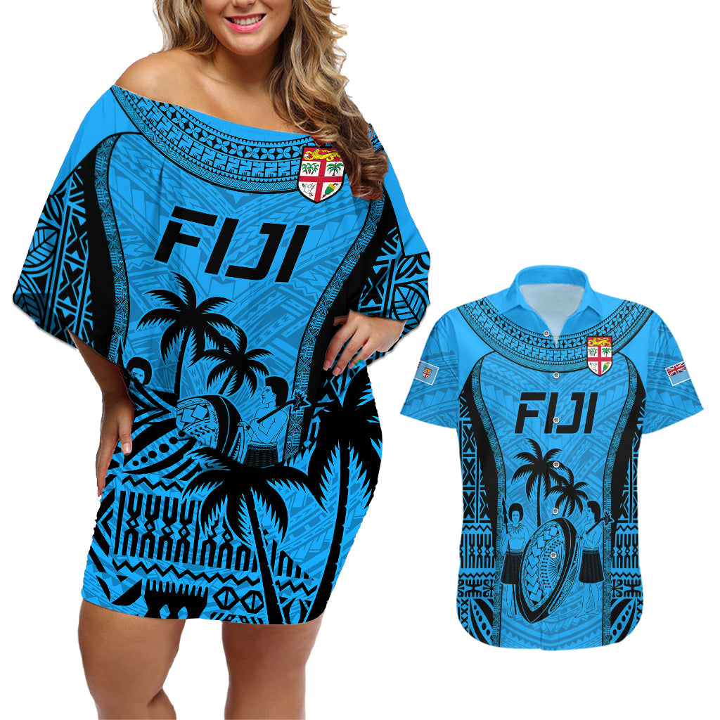 Fiji Rugby Couples Matching Off Shoulder Short Dress and Hawaiian Shirt Go Champions World Cup 2023 Tapa Unique Blue Vibe LT9 - Wonder Print Shop