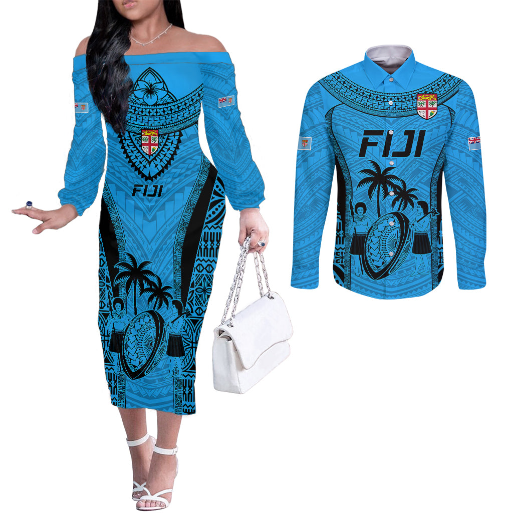 fiji-rugby-couples-matching-off-the-shoulder-long-sleeve-dress-and-long-sleeve-button-shirts-go-champions-world-cup-2023-tapa-unique-blue-vibe