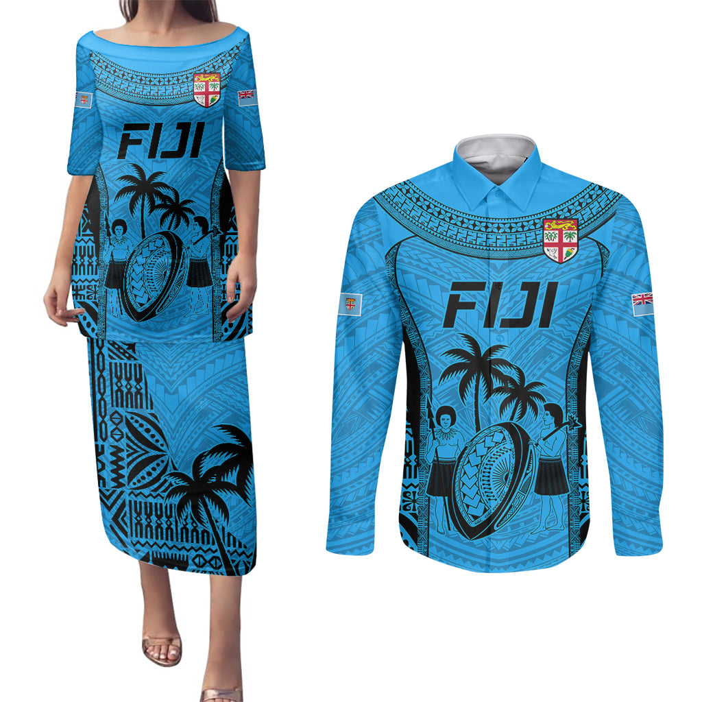 Fiji Rugby Couples Matching Puletasi Dress and Long Sleeve Button Shirts Go Champions World Cup 2023 Tapa Unique Blue Vibe LT9 - Wonder Print Shop