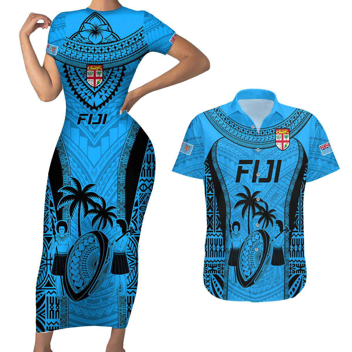 Fiji Rugby Couples Matching Short Sleeve Bodycon Dress and Hawaiian Shirt Go Champions World Cup 2023 Tapa Unique Blue Vibe LT9 - Wonder Print Shop