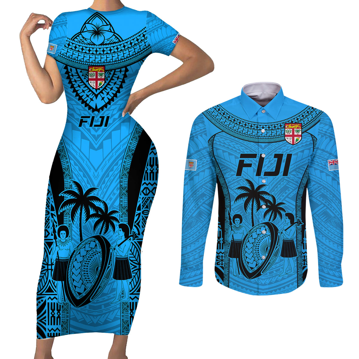 Fiji Rugby Couples Matching Short Sleeve Bodycon Dress and Long Sleeve Button Shirts Go Champions World Cup 2023 Tapa Unique Blue Vibe LT9 - Wonder Print Shop