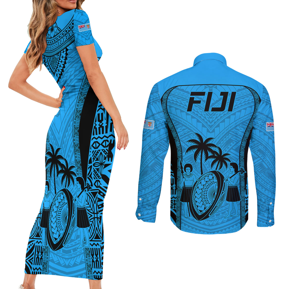 Fiji Rugby Couples Matching Short Sleeve Bodycon Dress and Long Sleeve Button Shirts Go Champions World Cup 2023 Tapa Unique Blue Vibe LT9 - Wonder Print Shop