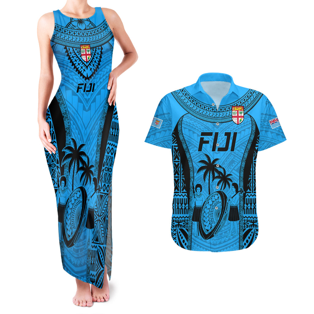 Fiji Rugby Couples Matching Tank Maxi Dress and Hawaiian Shirt Go Champions World Cup 2023 Tapa Unique Blue Vibe LT9 - Wonder Print Shop