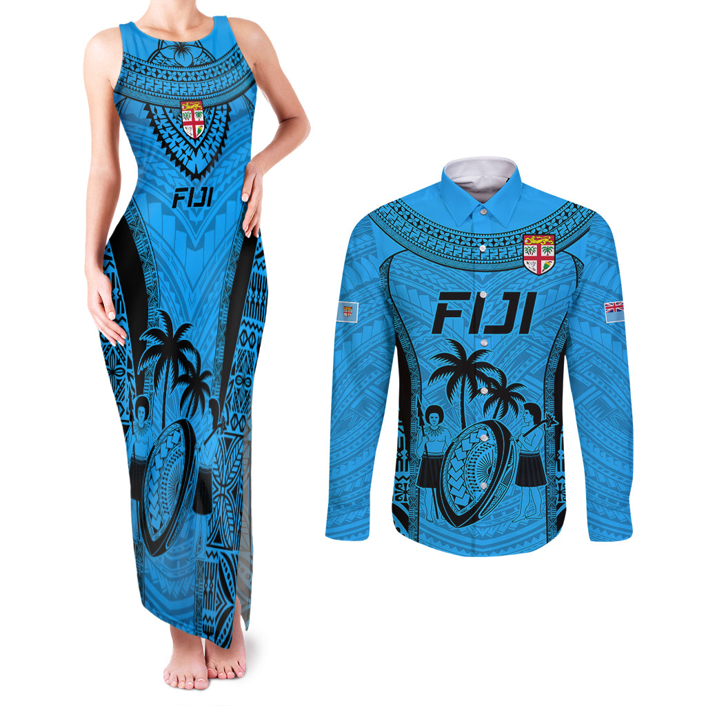 Fiji Rugby Couples Matching Tank Maxi Dress and Long Sleeve Button Shirts Go Champions World Cup 2023 Tapa Unique Blue Vibe LT9 - Wonder Print Shop