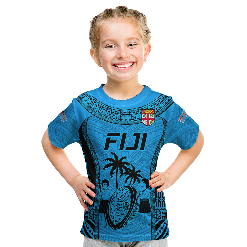 Fiji Rugby Kid T Shirt Go Champions World Cup 2023 Tapa Unique Blue Vibe - Wonder Print Shop