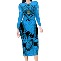 Fiji Rugby Long Sleeve Bodycon Dress Go Champions World Cup 2023 Tapa Unique Blue Vibe - Wonder Print Shop