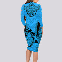 Fiji Rugby Long Sleeve Bodycon Dress Go Champions World Cup 2023 Tapa Unique Blue Vibe - Wonder Print Shop