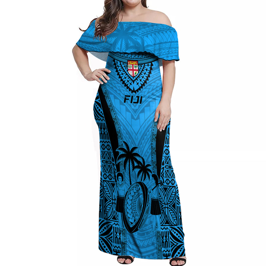 Fiji Rugby Off Shoulder Maxi Dress Go Champions World Cup 2023 Tapa Unique Blue Vibe - Wonder Print Shop