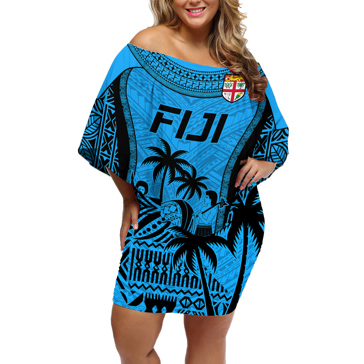 Fiji Rugby Off Shoulder Short Dress Go Champions World Cup 2023 Tapa Unique Blue Vibe - Wonder Print Shop