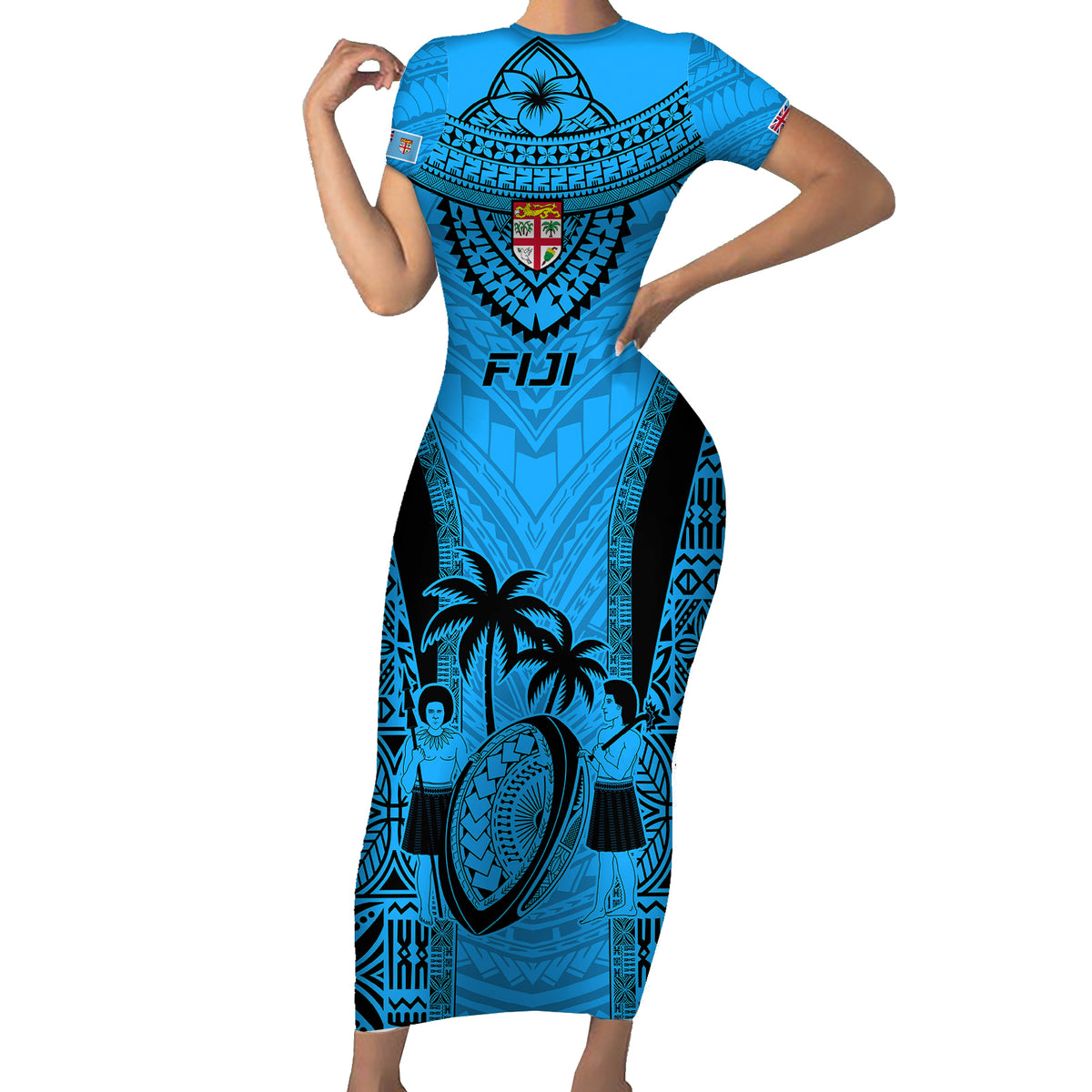 Fiji Rugby Short Sleeve Bodycon Dress Go Champions World Cup 2023 Tapa Unique Blue Vibe - Wonder Print Shop