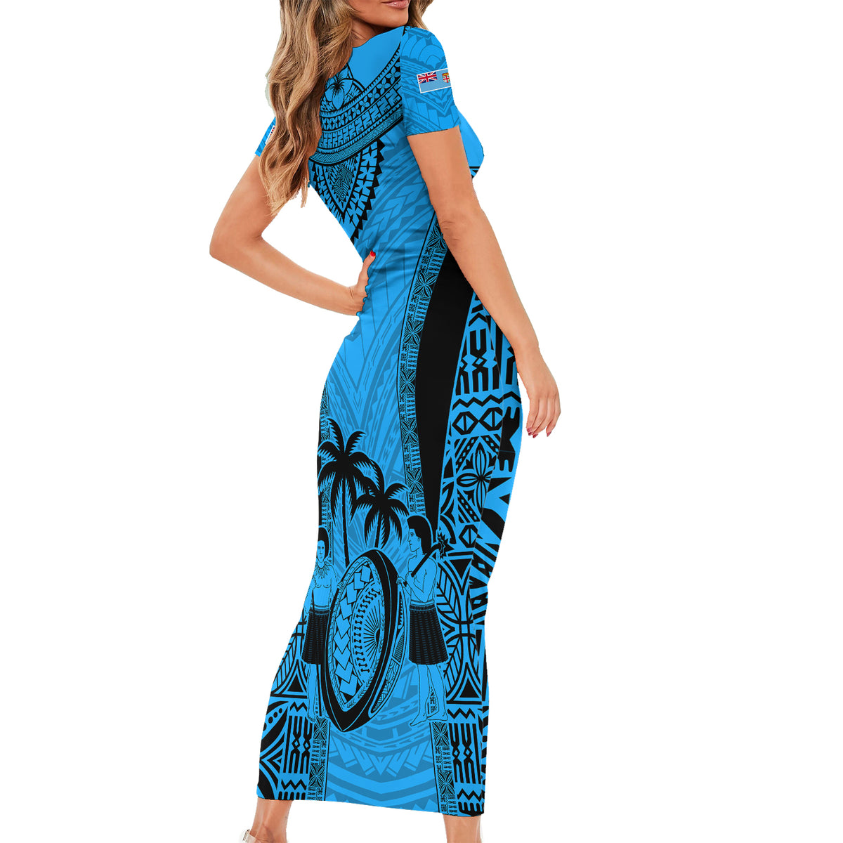 Custom Fiji Rugby Short Sleeve Bodycon Dress Go Champions World Cup 2023 Tapa Unique Blue Vibe - Wonder Print Shop