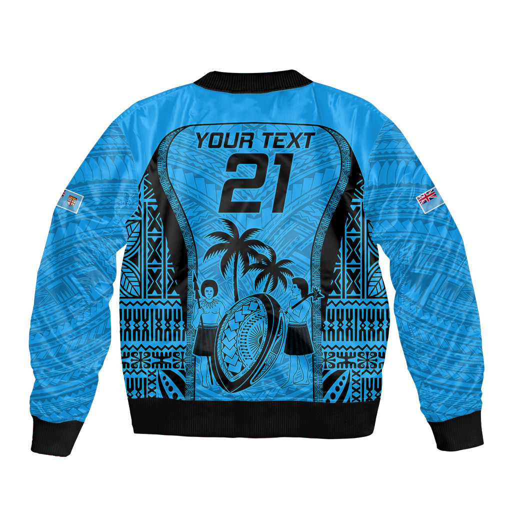 Custom Fiji Rugby Sleeve Zip Bomber Jacket Go Champions World Cup 2023 Tapa Unique Blue Vibe - Wonder Print Shop