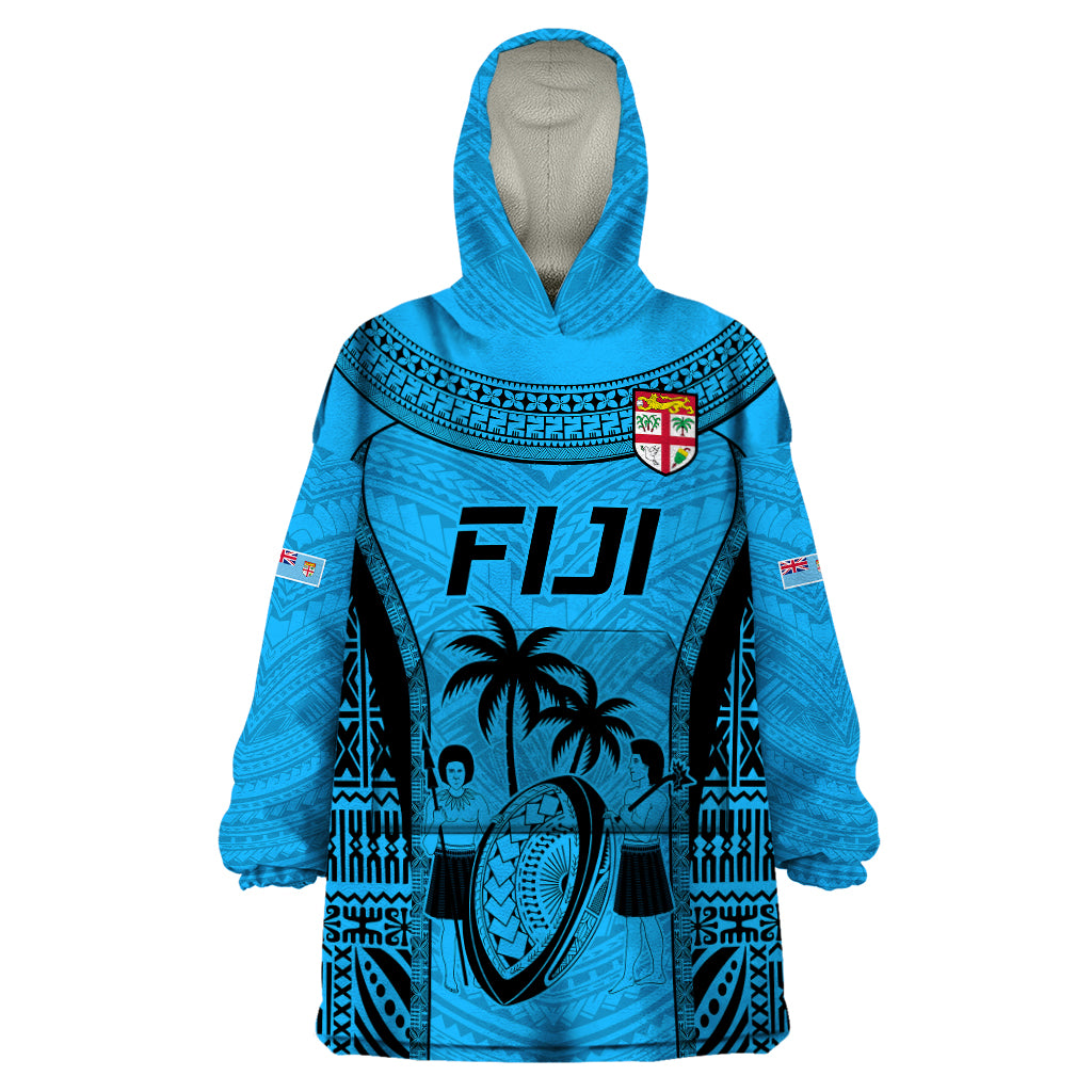 Custom Fiji Rugby Wearable Blanket Hoodie Go Champions World Cup 2023 Tapa Unique Blue Vibe - Wonder Print Shop