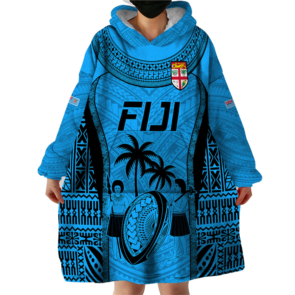 Custom Fiji Rugby Wearable Blanket Hoodie Go Champions World Cup 2023 Tapa Unique Blue Vibe - Wonder Print Shop