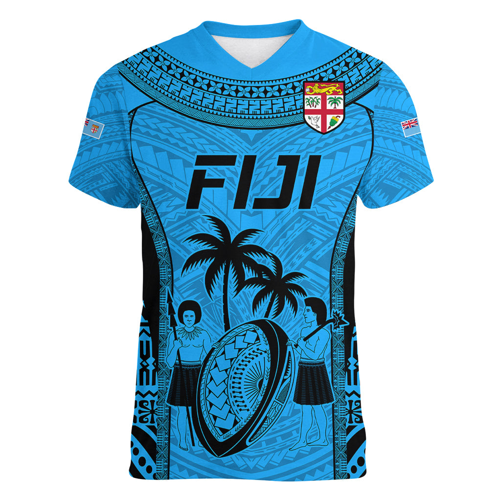 Custom Fiji Rugby Women V Neck T Shirt Go Champions World Cup 2023 Tapa Unique Blue Vibe - Wonder Print Shop