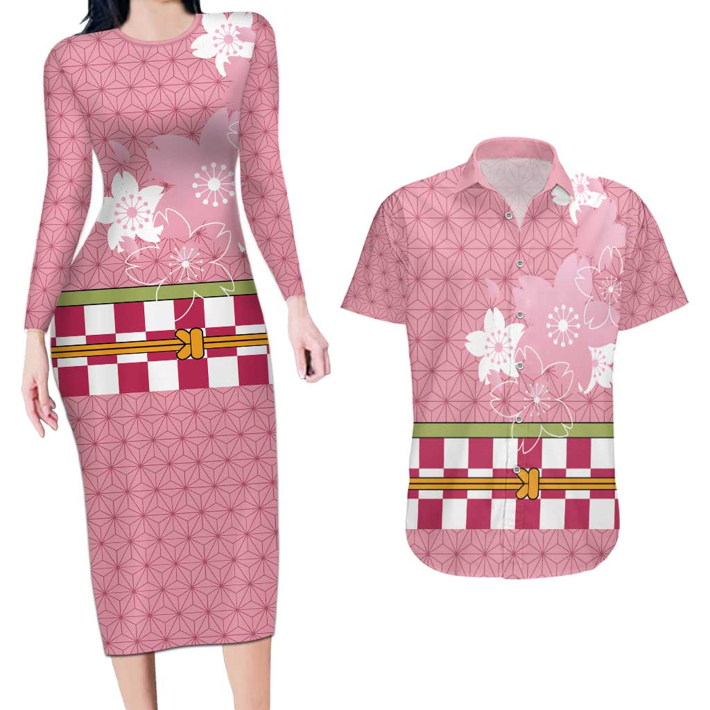 Japanese Asanoha Pattern Couples Matching Long Sleeve Bodycon Dress and Hawaiian Shirt Charm Against Evil Spirits - Wonder Print Shop