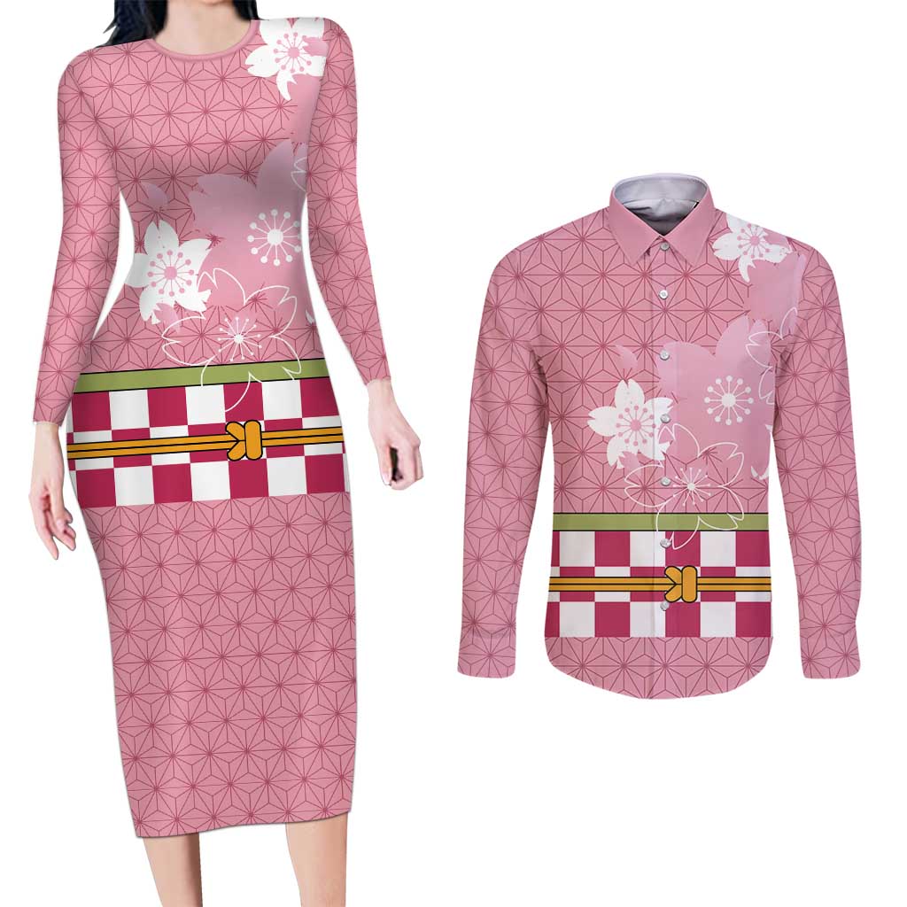 Japanese Asanoha Pattern Couples Matching Long Sleeve Bodycon Dress and Long Sleeve Button Shirt Charm Against Evil Spirits - Wonder Print Shop
