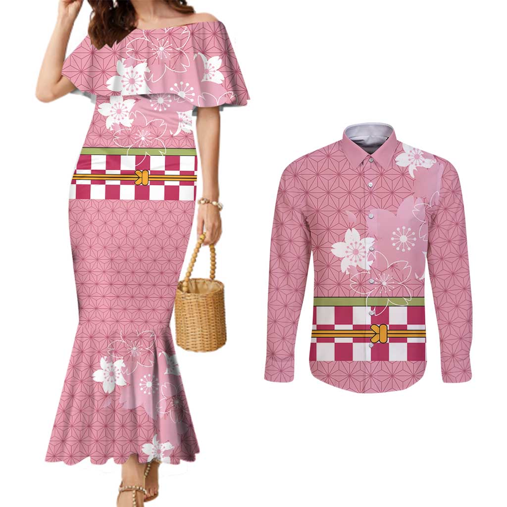 Japanese Asanoha Pattern Couples Matching Mermaid Dress and Long Sleeve Button Shirt Charm Against Evil Spirits - Wonder Print Shop