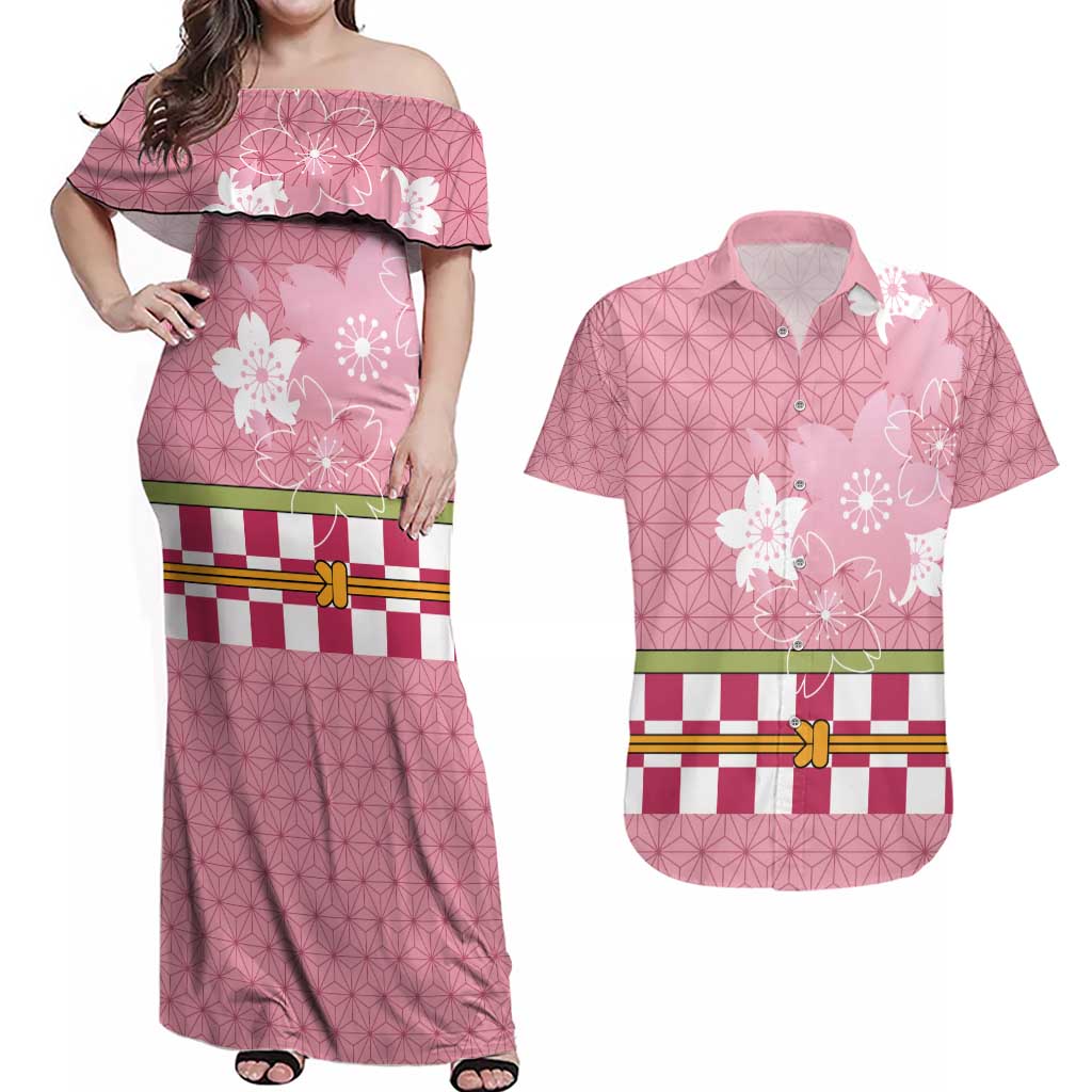 Japanese Asanoha Pattern Couples Matching Off Shoulder Maxi Dress and Hawaiian Shirt Charm Against Evil Spirits - Wonder Print Shop