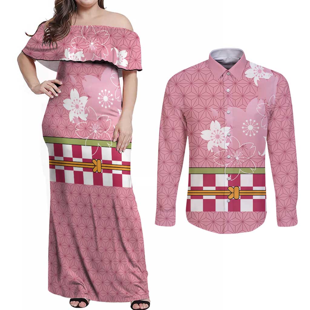 Japanese Asanoha Pattern Couples Matching Off Shoulder Maxi Dress and Long Sleeve Button Shirt Charm Against Evil Spirits - Wonder Print Shop