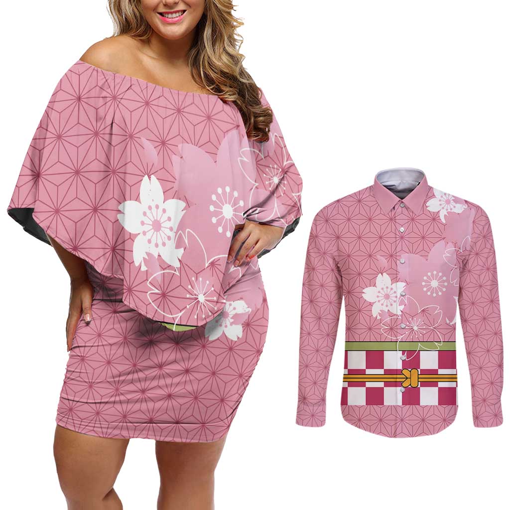 Japanese Asanoha Pattern Couples Matching Off Shoulder Short Dress and Long Sleeve Button Shirt Charm Against Evil Spirits - Wonder Print Shop