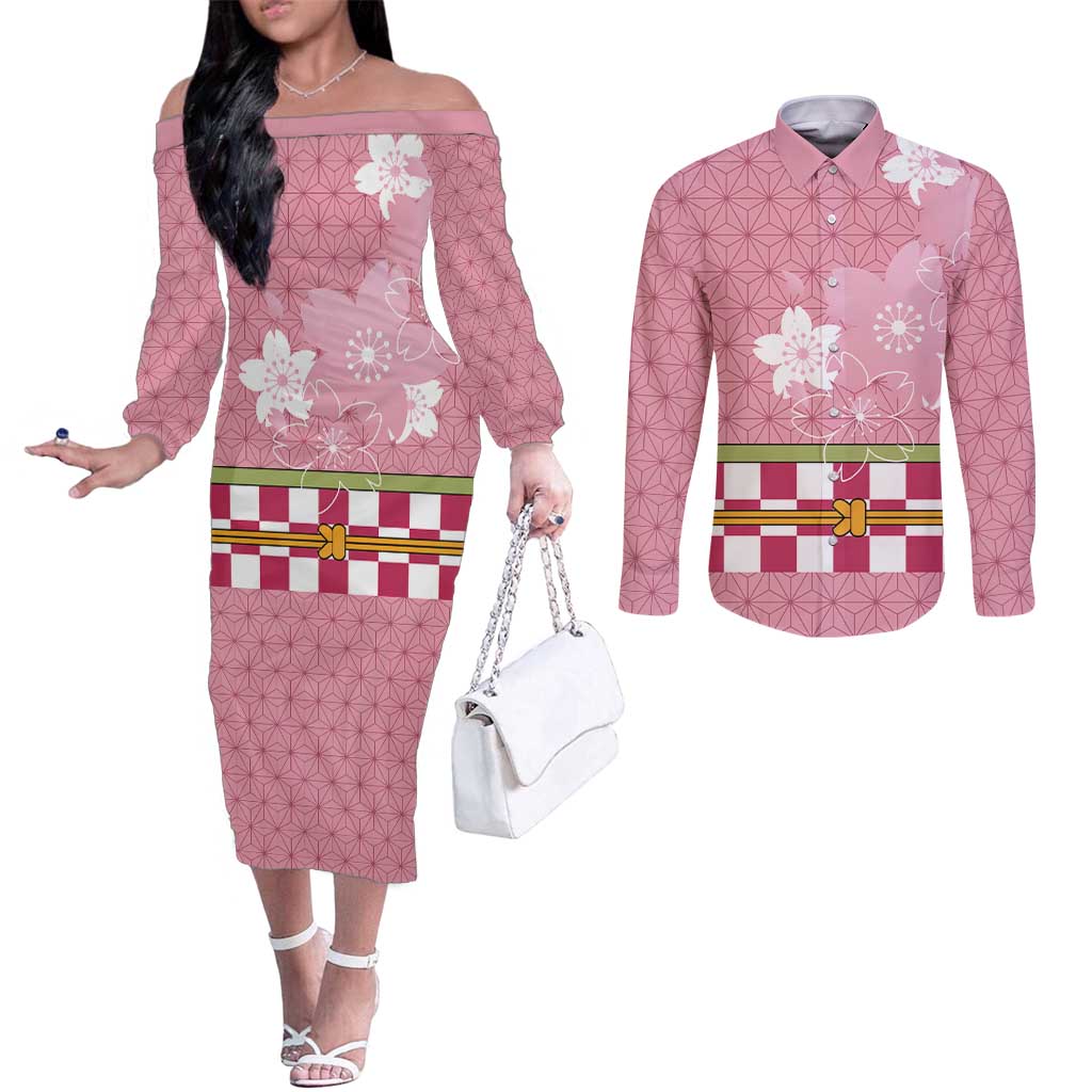Japanese Asanoha Pattern Couples Matching Off The Shoulder Long Sleeve Dress and Long Sleeve Button Shirt Charm Against Evil Spirits - Wonder Print Shop