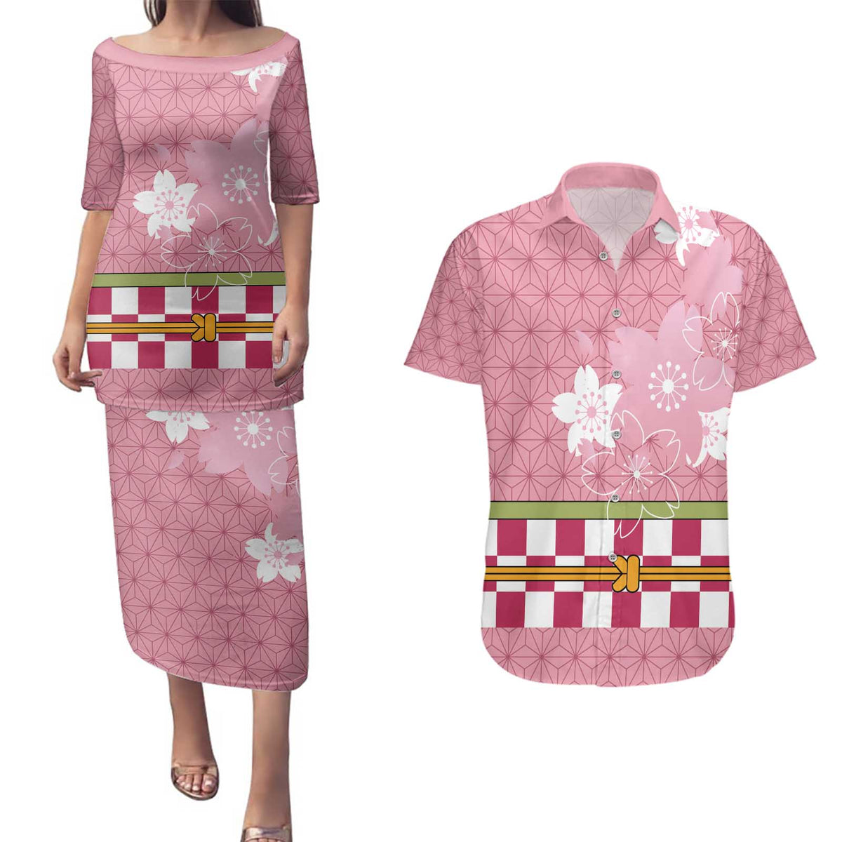 Japanese Asanoha Pattern Couples Matching Puletasi and Hawaiian Shirt Charm Against Evil Spirits - Wonder Print Shop