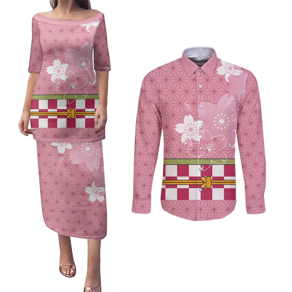 Japanese Asanoha Pattern Couples Matching Puletasi and Long Sleeve Button Shirt Charm Against Evil Spirits - Wonder Print Shop