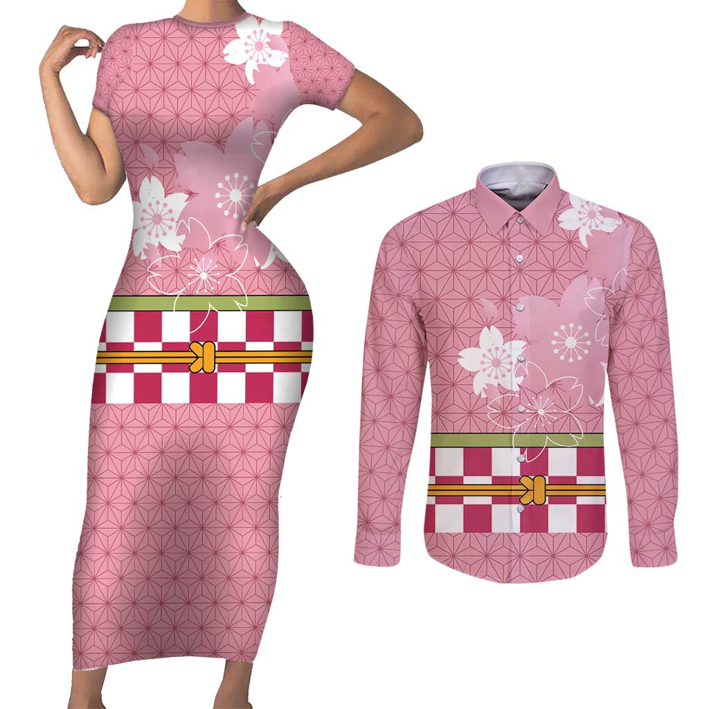 Japanese Asanoha Pattern Couples Matching Short Sleeve Bodycon Dress and Long Sleeve Button Shirt Charm Against Evil Spirits - Wonder Print Shop