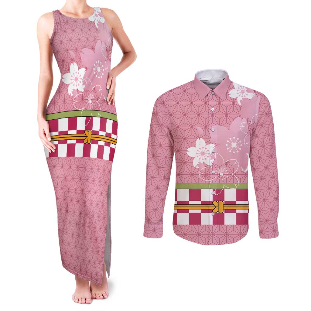 Japanese Asanoha Pattern Couples Matching Tank Maxi Dress and Long Sleeve Button Shirt Charm Against Evil Spirits - Wonder Print Shop