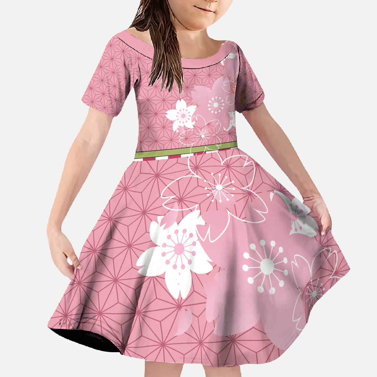 Japanese Asanoha Pattern Family Matching Off The Shoulder Long Sleeve Dress and Hawaiian Shirt Charm Against Evil Spirits - Wonder Print Shop