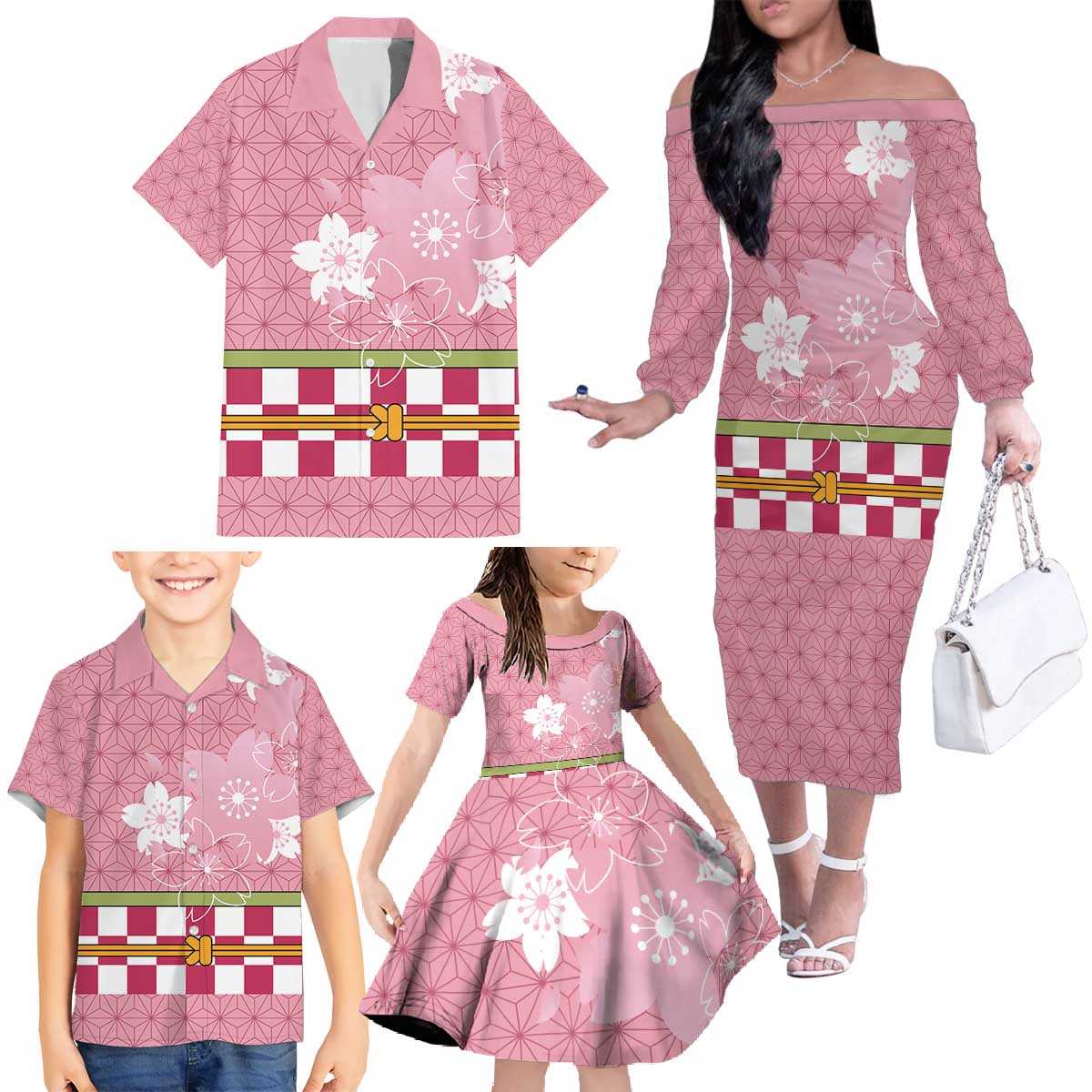 Japanese Asanoha Pattern Family Matching Off The Shoulder Long Sleeve Dress and Hawaiian Shirt Charm Against Evil Spirits - Wonder Print Shop
