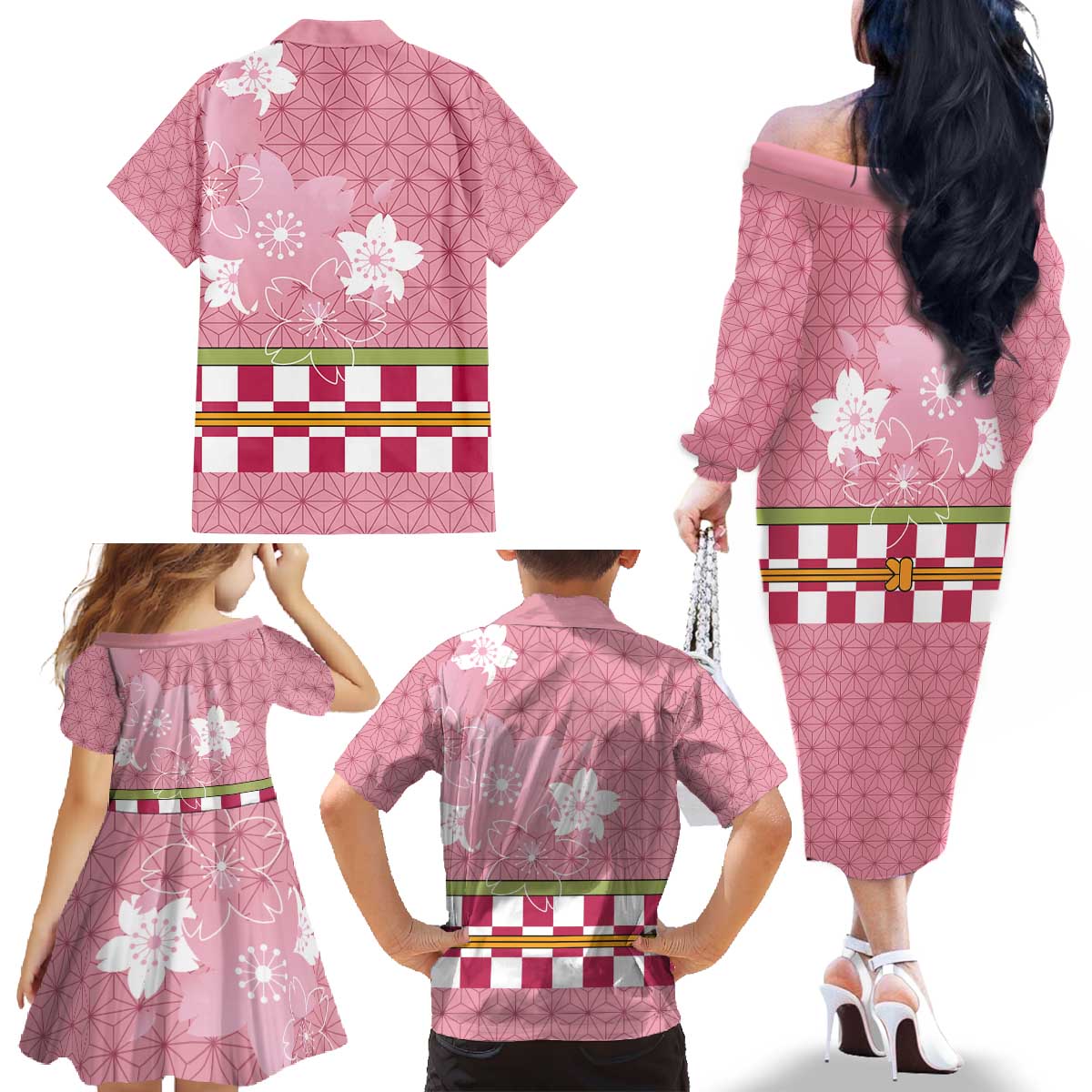 Japanese Asanoha Pattern Family Matching Off The Shoulder Long Sleeve Dress and Hawaiian Shirt Charm Against Evil Spirits - Wonder Print Shop