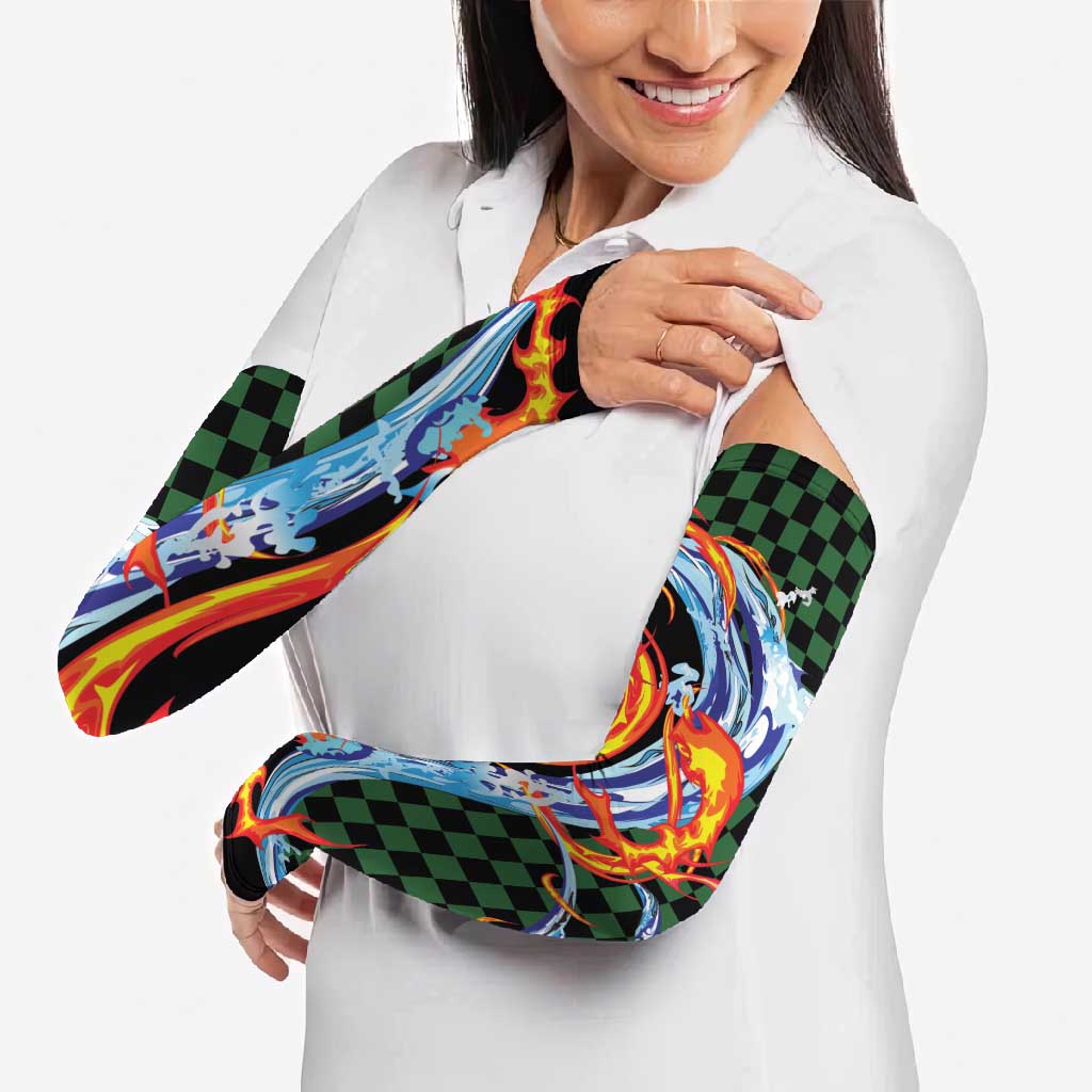 Japanese Asanoha Pattern Arm Sleeves Sun Flame Slayer Dragon Hinokami Kagura Spirit - Wonder Print Shop