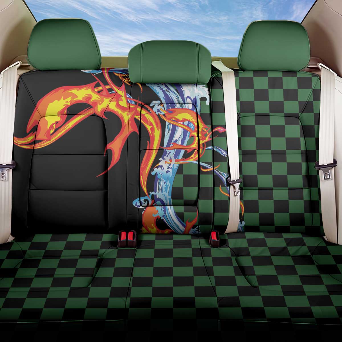 Japanese Asanoha Pattern Back Car Seat Cover Sun Flame Slayer Dragon Hinokami Kagura Spirit - Wonder Print Shop