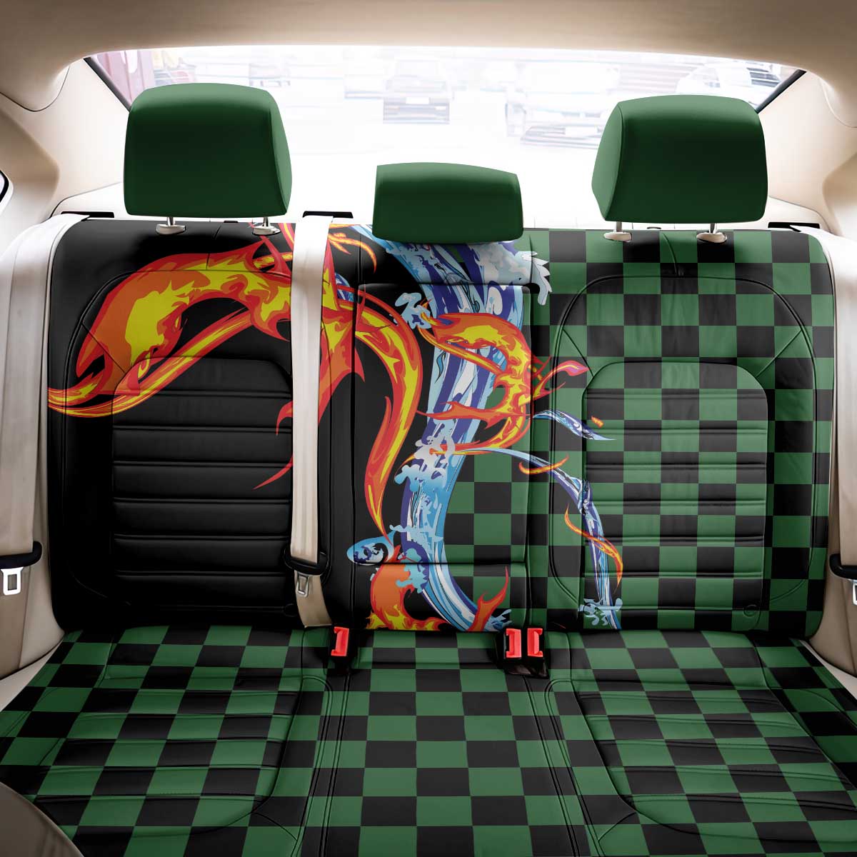 Japanese Asanoha Pattern Back Car Seat Cover Sun Flame Slayer Dragon Hinokami Kagura Spirit - Wonder Print Shop