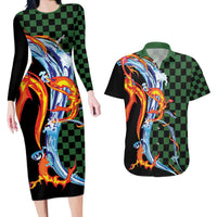 Japanese Asanoha Pattern Couples Matching Long Sleeve Bodycon Dress and Hawaiian Shirt Sun Flame Slayer Dragon Hinokami Kagura Spirit - Wonder Print Shop