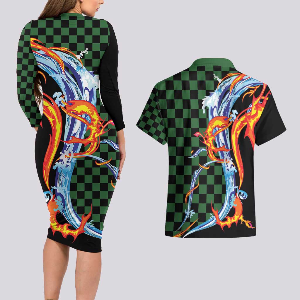 Japanese Asanoha Pattern Couples Matching Long Sleeve Bodycon Dress and Hawaiian Shirt Sun Flame Slayer Dragon Hinokami Kagura Spirit - Wonder Print Shop