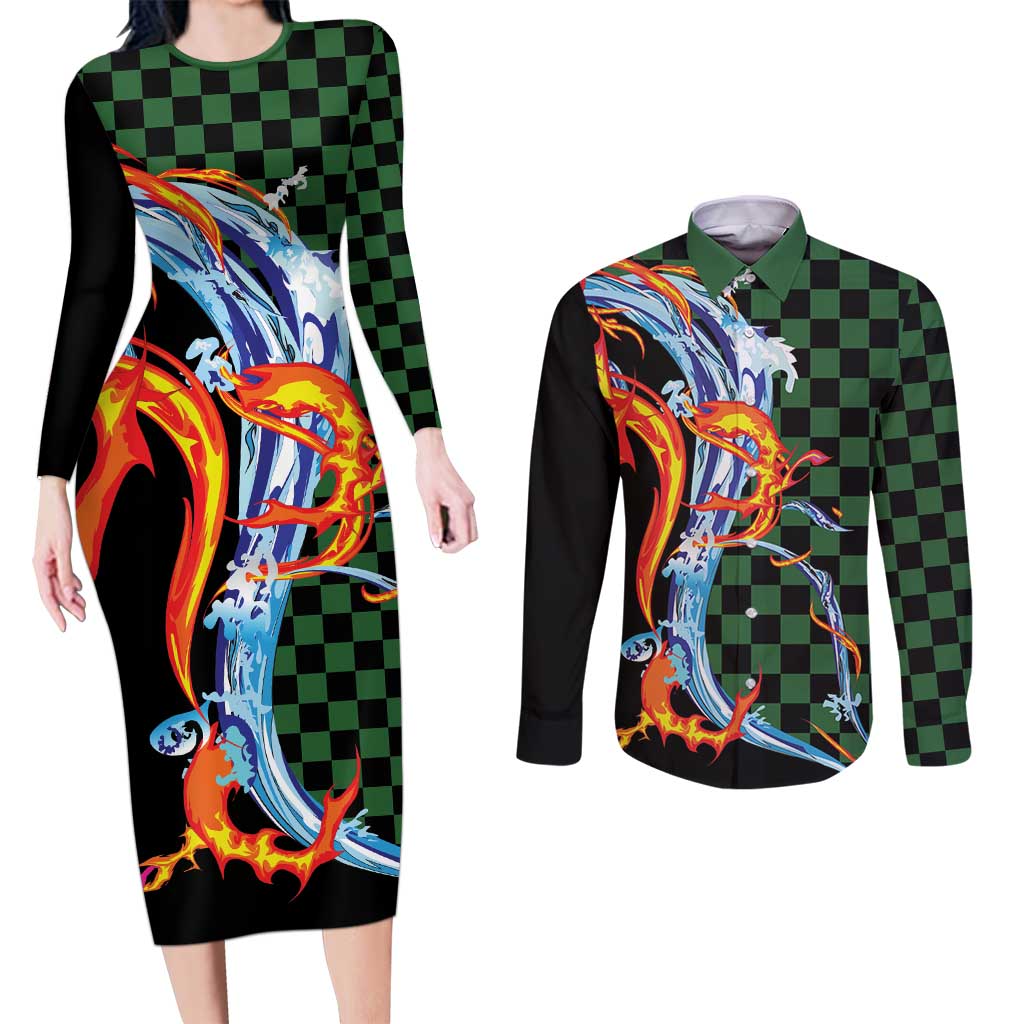 Japanese Asanoha Pattern Couples Matching Long Sleeve Bodycon Dress and Long Sleeve Button Shirt Sun Flame Slayer Dragon Hinokami Kagura Spirit - Wonder Print Shop