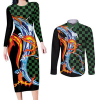 Japanese Asanoha Pattern Couples Matching Long Sleeve Bodycon Dress and Long Sleeve Button Shirt Sun Flame Slayer Dragon Hinokami Kagura Spirit - Wonder Print Shop