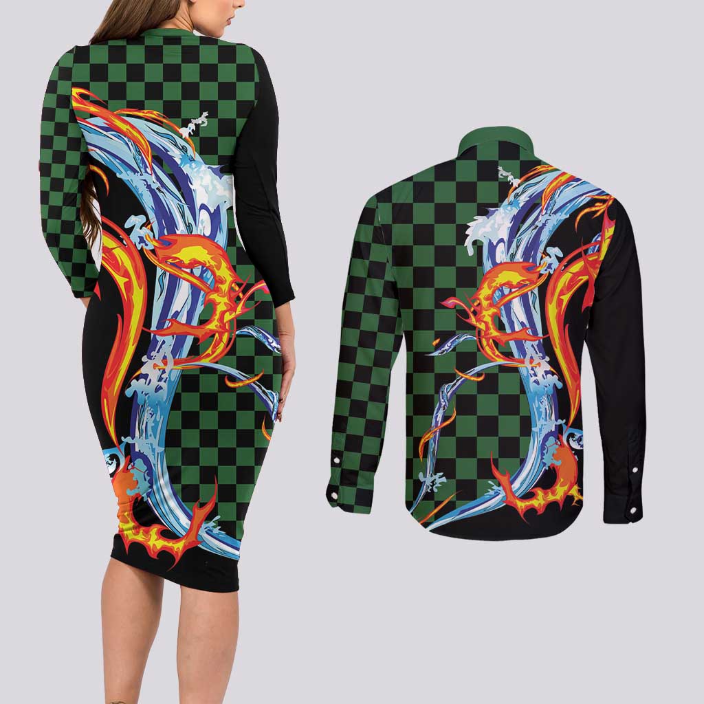 Japanese Asanoha Pattern Couples Matching Long Sleeve Bodycon Dress and Long Sleeve Button Shirt Sun Flame Slayer Dragon Hinokami Kagura Spirit - Wonder Print Shop