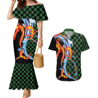 Japanese Asanoha Pattern Couples Matching Mermaid Dress and Hawaiian Shirt Sun Flame Slayer Dragon Hinokami Kagura Spirit - Wonder Print Shop