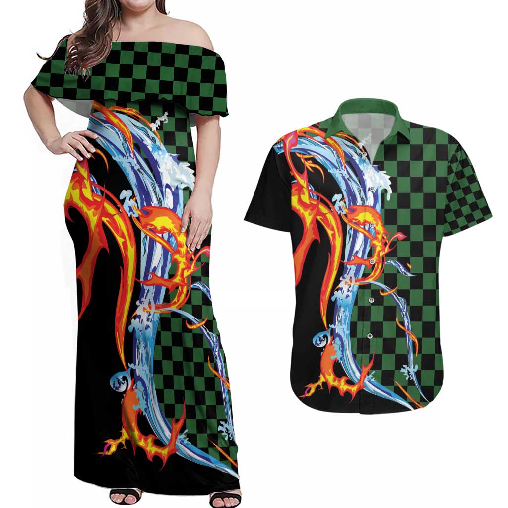 Japanese Asanoha Pattern Couples Matching Off Shoulder Maxi Dress and Hawaiian Shirt Sun Flame Slayer Dragon Hinokami Kagura Spirit - Wonder Print Shop