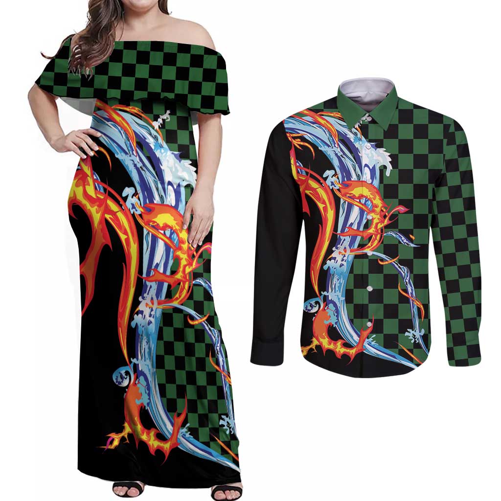 Japanese Asanoha Pattern Couples Matching Off Shoulder Maxi Dress and Long Sleeve Button Shirt Sun Flame Slayer Dragon Hinokami Kagura Spirit - Wonder Print Shop