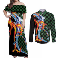 Japanese Asanoha Pattern Couples Matching Off Shoulder Maxi Dress and Long Sleeve Button Shirt Sun Flame Slayer Dragon Hinokami Kagura Spirit - Wonder Print Shop