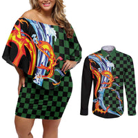Japanese Asanoha Pattern Couples Matching Off Shoulder Short Dress and Long Sleeve Button Shirt Sun Flame Slayer Dragon Hinokami Kagura Spirit - Wonder Print Shop