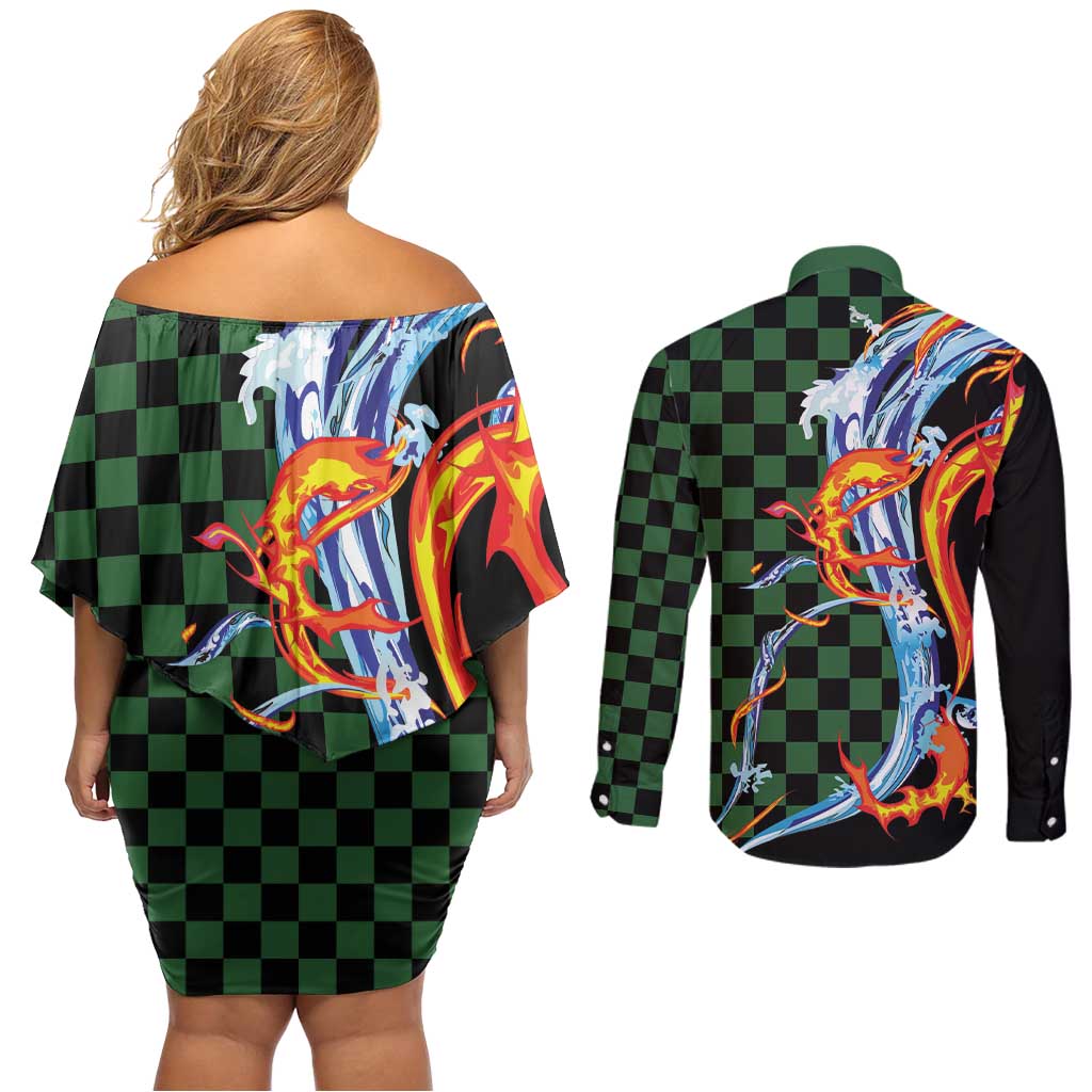 Japanese Asanoha Pattern Couples Matching Off Shoulder Short Dress and Long Sleeve Button Shirt Sun Flame Slayer Dragon Hinokami Kagura Spirit - Wonder Print Shop