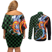 Japanese Asanoha Pattern Couples Matching Off Shoulder Short Dress and Long Sleeve Button Shirt Sun Flame Slayer Dragon Hinokami Kagura Spirit - Wonder Print Shop