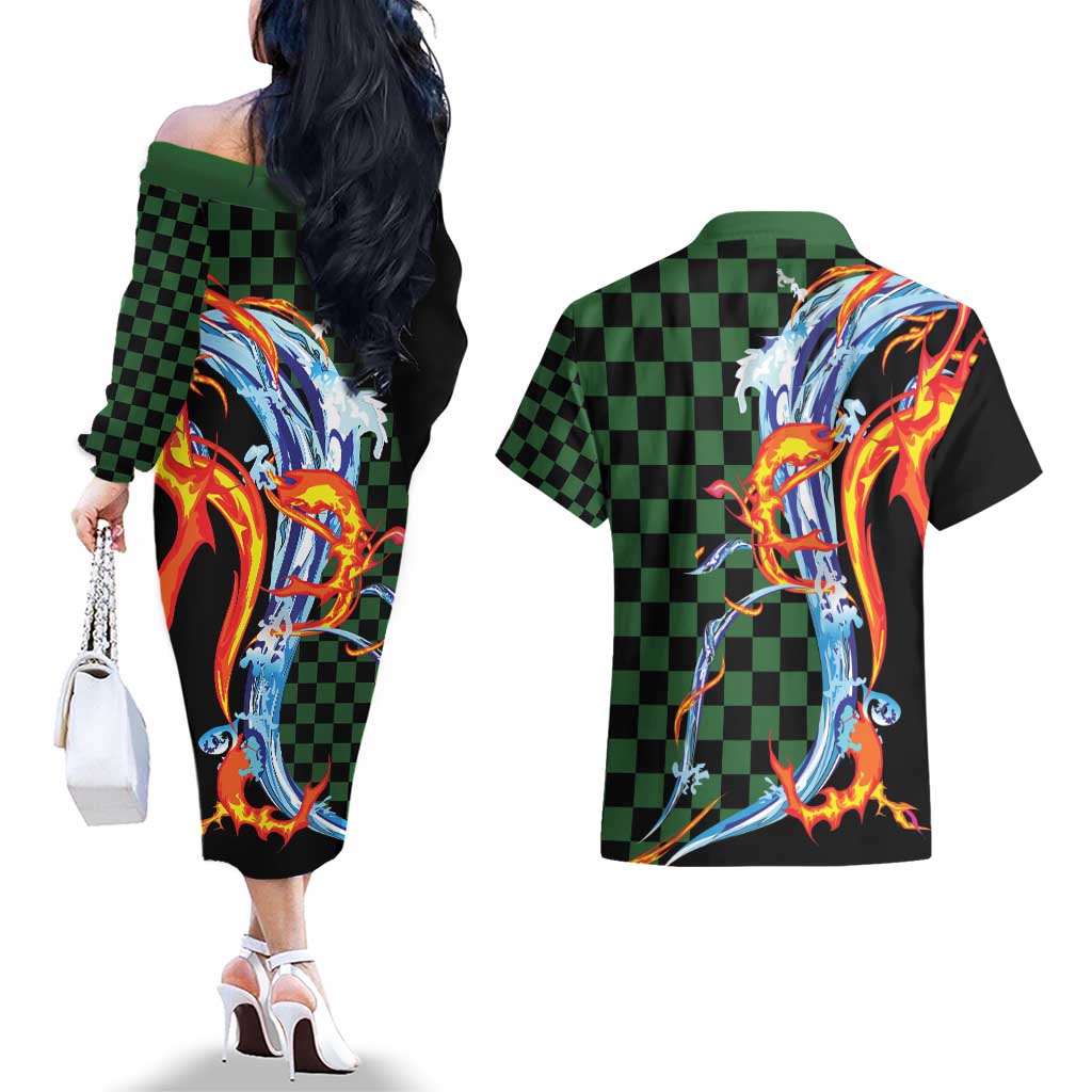 Japanese Asanoha Pattern Couples Matching Off The Shoulder Long Sleeve Dress and Hawaiian Shirt Sun Flame Slayer Dragon Hinokami Kagura Spirit - Wonder Print Shop