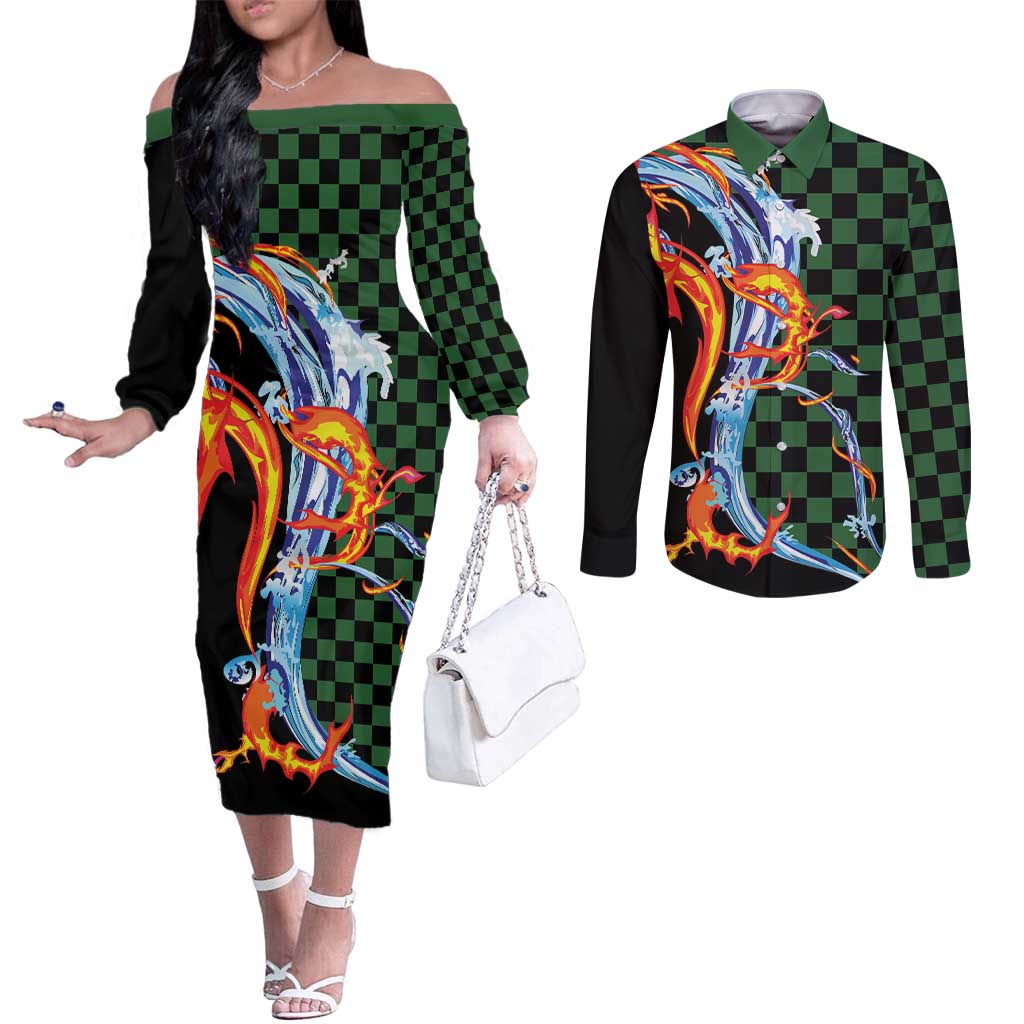 Japanese Asanoha Pattern Couples Matching Off The Shoulder Long Sleeve Dress and Long Sleeve Button Shirt Sun Flame Slayer Dragon Hinokami Kagura Spirit - Wonder Print Shop